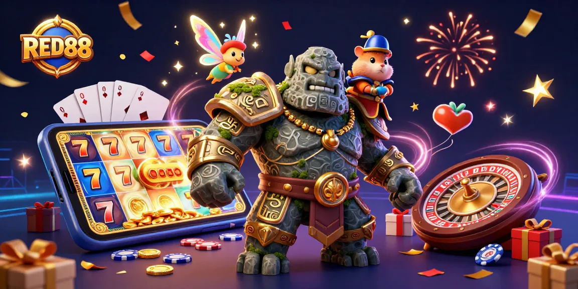 Play exciting games at RED88 with vibrant characters and magical elements in a casino-themed illustration.