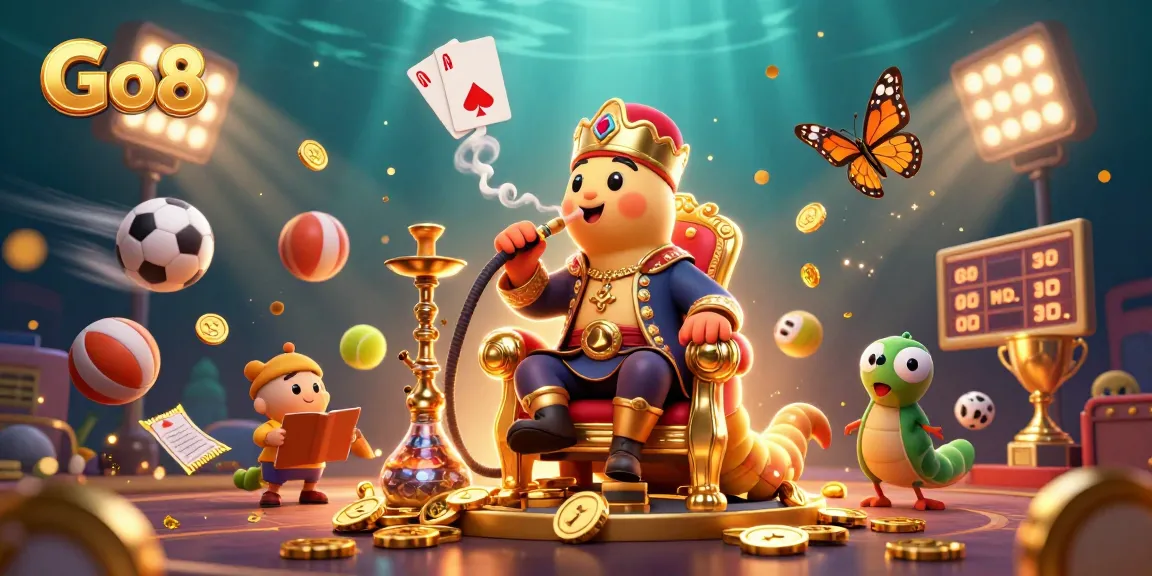 Go8 casino promotional art featuring a whimsical caterpillar master and dynamic sports elements.
