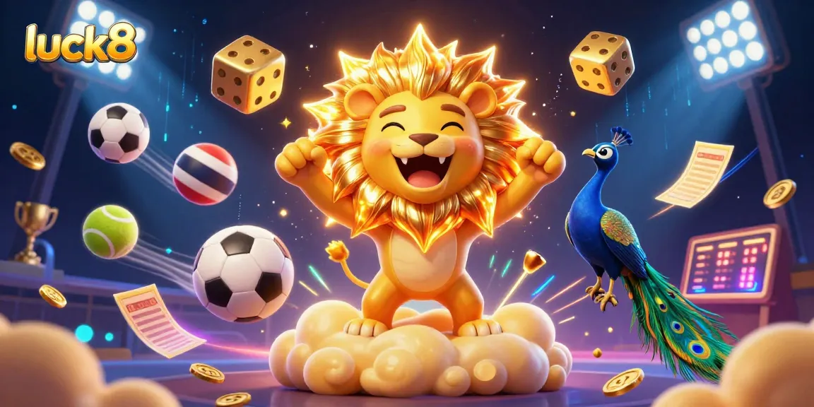 Experience the vibrant thrill of luck8 betting with dynamic sports elements and a playful cartoon lion.