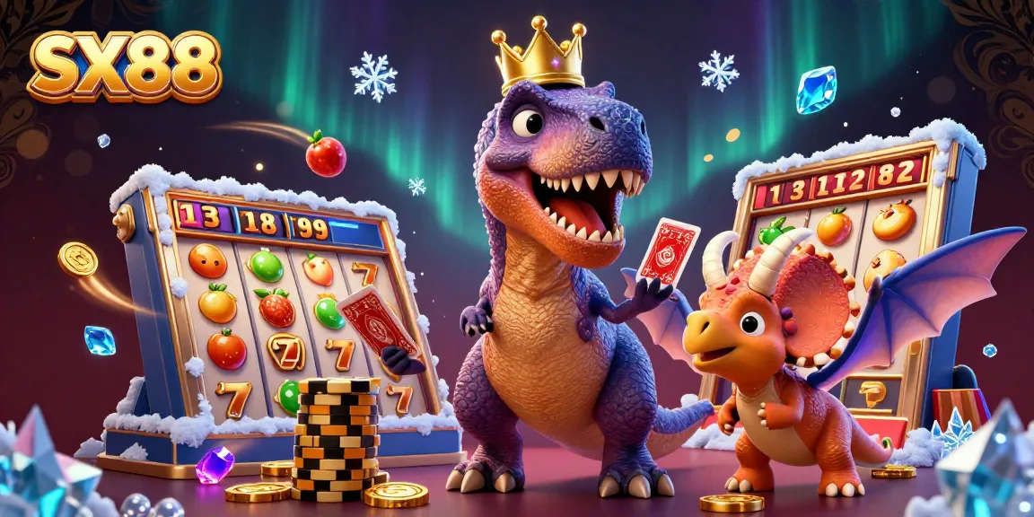 SX88 offers an exciting gaming experience with a friendly T-Rex shuffling cards and a baby triceratops stacking chips.