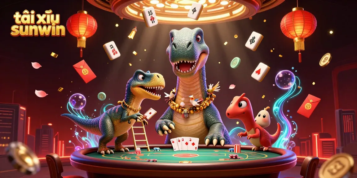 Engage with tài xỉu sunwin gaming fun as a giant brontosaurus oversees a vibrant casino scene.
