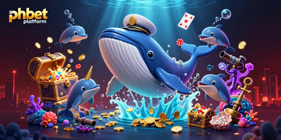 Engage with the phbet platform in a dynamic casino scene featuring a cartoon whale and playful dolphins surrounded by golden treasures.