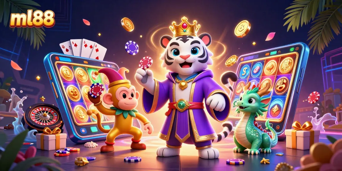 Experience the thrill of ml88 with a dynamic scene featuring a royal tiger, jester monkey, and a jade dragon amidst casino elements.