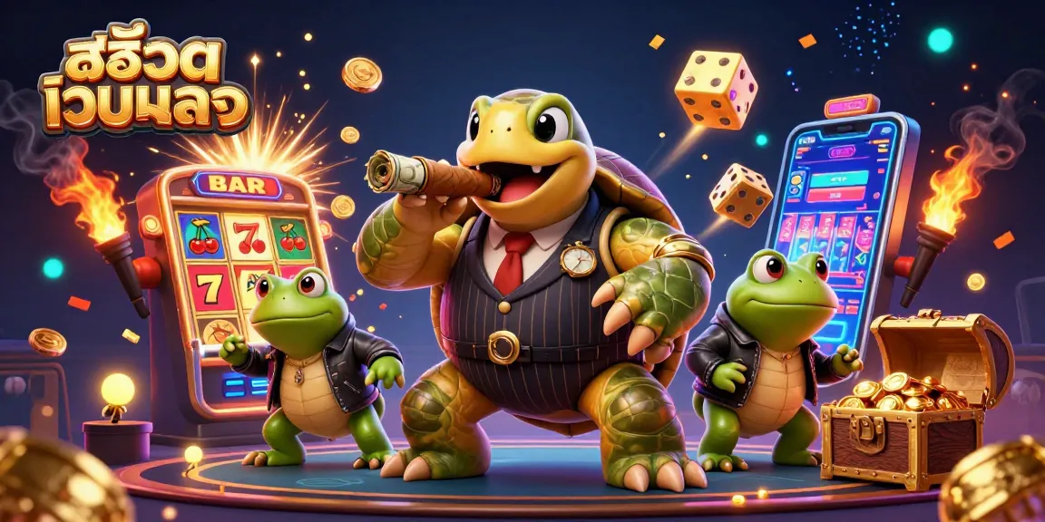 Engage with สล็อตเว็บตรง as a cartoon turtle mobster and bullfrogs celebrate a big casino win.